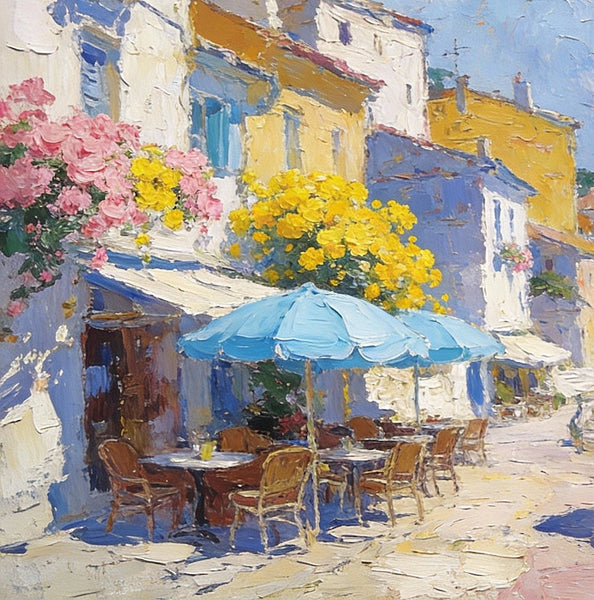 Small Paintings on Canvas, A Seaside Cafe, Summer Resort, Hand Painted Canvas Art, Impasto Artwork, Original Oil Paintings, Small Landscape Paintings on Wall-LargePaintingArt.com