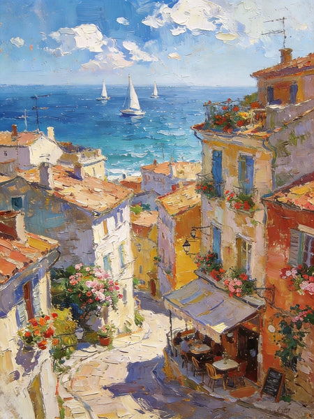 Impasto Wall Art Paintings, A Leisurely Town by the Mediterranean, Landscape Oil Paintings, Original Small Paintings on Canvas, Heavy Texture Oil Paintings, On Canvas Small Paintings-LargePaintingArt.com
