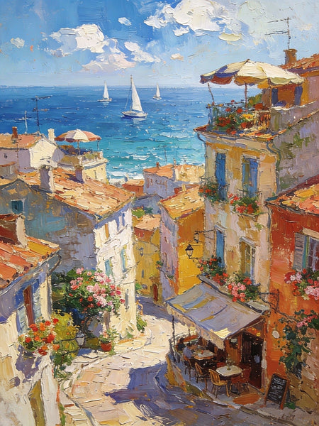 Impasto Wall Art Paintings, A Leisurely Town by the Mediterranean, Landscape Oil Paintings, Original Small Paintings on Canvas, Heavy Texture Oil Paintings, On Canvas Small Paintings-LargePaintingArt.com