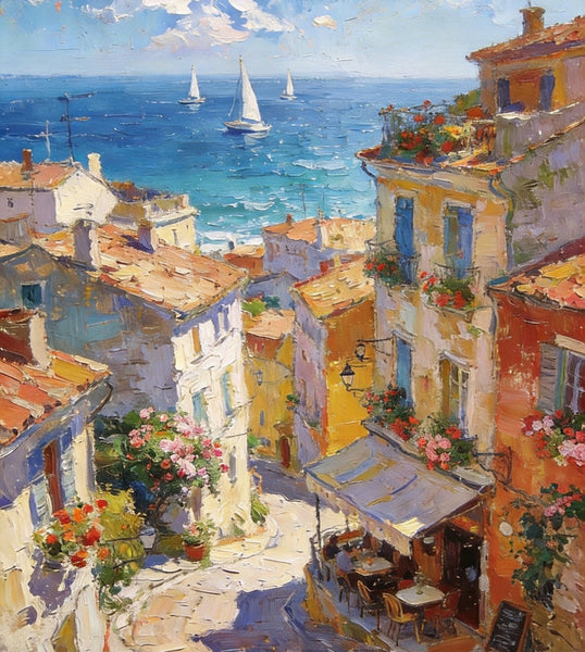 Impasto Wall Art Paintings, A Leisurely Town by the Mediterranean, Landscape Oil Paintings, Original Small Paintings on Canvas, Heavy Texture Oil Paintings, On Canvas Small Paintings-LargePaintingArt.com