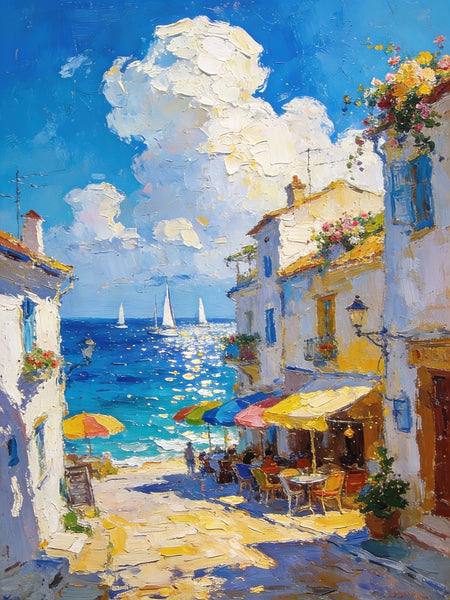 Small Paintings On Canvas, Vibrant Coastal Village, Colorful Houses by the Sea, Hand Painted Canvas Art, Landscape Oil Paintings, Original Artwork Small Paintings on Wall-LargePaintingArt.com