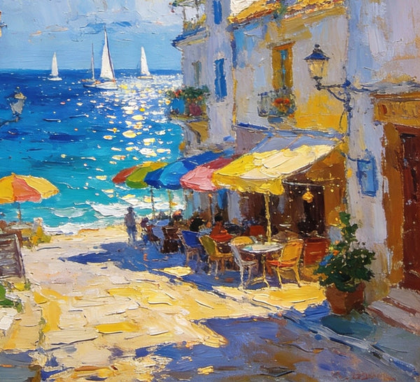 Small Paintings On Canvas, Vibrant Coastal Village, Colorful Houses by the Sea, Hand Painted Canvas Art, Landscape Oil Paintings, Original Artwork Small Paintings on Wall-LargePaintingArt.com