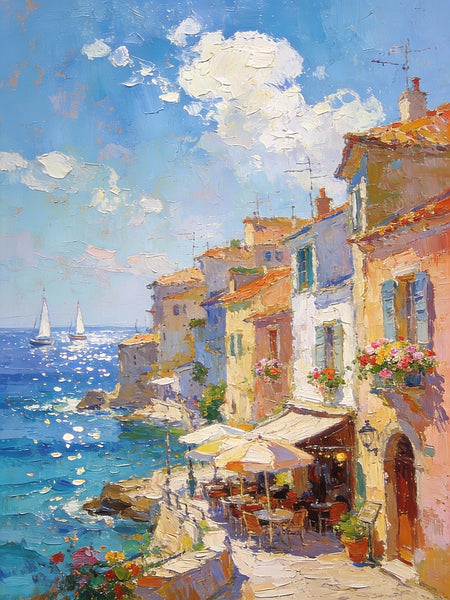 Seaside Cafe Days, Summer Resort, Landscape Oil Paintings, Impasto Wall Art Paintings, Original Small Paintings on Canvas, Heavy Texture Oil Paintings, On Canvas Small Paintings-LargePaintingArt.com