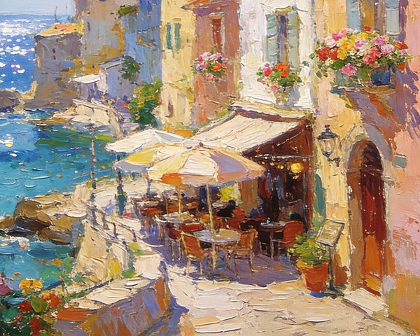 Seaside Cafe Days, Summer Resort, Landscape Oil Paintings, Impasto Wall Art Paintings, Original Small Paintings on Canvas, Heavy Texture Oil Paintings, On Canvas Small Paintings-LargePaintingArt.com