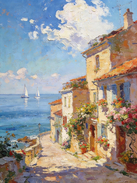 On Canvas Small Paintings, Sunlit Coastal Town, Flower-Adorned Streets and Sailboats, Hand Painted Canvas Art, Original Artwork Small Paintings on Wall, Landscape Oil Paintings-LargePaintingArt.com