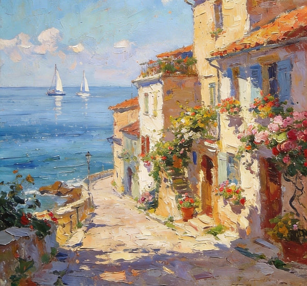 On Canvas Small Paintings, Sunlit Coastal Town, Flower-Adorned Streets and Sailboats, Hand Painted Canvas Art, Original Artwork Small Paintings on Wall, Landscape Oil Paintings-LargePaintingArt.com