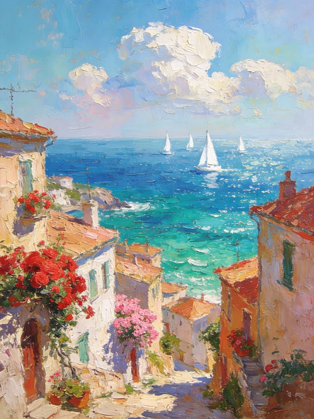 Coastal Town with Sailboats, A Vibrant Mediterranean Scene, Original Artwork Small Paintings, Hand Painted Canvas Art, Heavy Texture Wall Art Paintings, On Canvas Small Paintings-LargePaintingArt.com