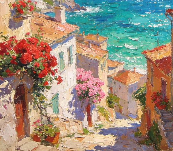 Coastal Town with Sailboats, A Vibrant Mediterranean Scene, Original Artwork Small Paintings, Hand Painted Canvas Art, Heavy Texture Wall Art Paintings, On Canvas Small Paintings-LargePaintingArt.com