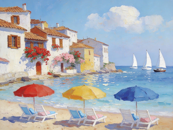 Landscape Oil Paintings, Coastal Town with Colorful Umbrellas, Small Paintings on Canvas, Original Canvas Paintings, Heavy Texture Artwork, Hand Painted Wall Art-LargePaintingArt.com