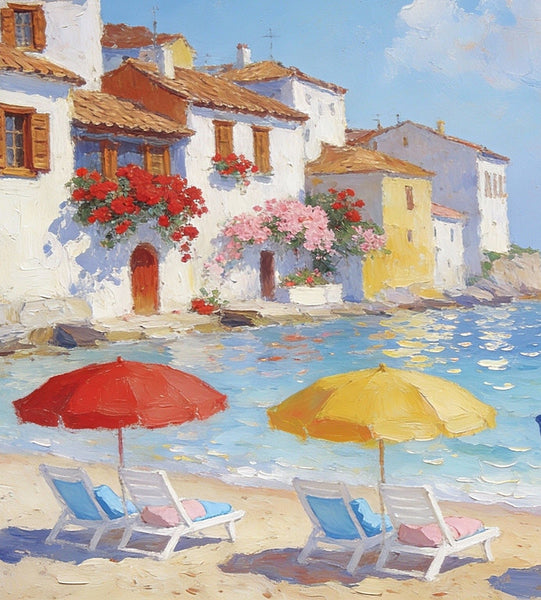 Landscape Oil Paintings, Coastal Town with Colorful Umbrellas, Small Paintings on Canvas, Original Canvas Paintings, Heavy Texture Artwork, Hand Painted Wall Art-LargePaintingArt.com
