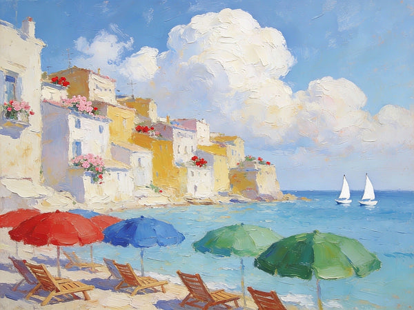 Original Oil Paintings, An Exclusive Summer by the Mediterranean, Palette Knife Artwork, Landscape Canvas Paintings, Small Oil Paintings on Canvas, Hand Painted Canvas Art-LargePaintingArt.com