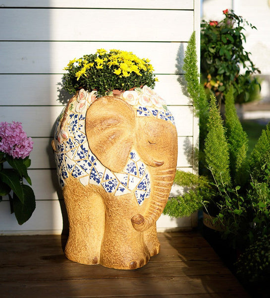Oversized Garden Flower Pot, Modern Outdoor Garden Flower Pots, Extra Large Elephant Garden Flowerpots, Animal Statue for Garden Ornaments, Large Resin Statue for Garden-LargePaintingArt.com
