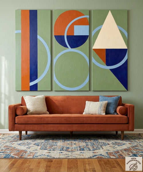 Oversized Group Paintings, Geometric Abstract Paintings, Multi Panel Canvas Art, Modern Paintings for Mid Century Living Room-LargePaintingArt.com