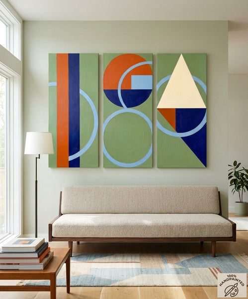 Oversized Group Paintings, Geometric Abstract Paintings, Multi Panel Canvas Art, Modern Paintings for Mid Century Living Room-LargePaintingArt.com