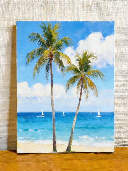 Original Seascape Paintings, Blue Sea and Coconut Trees, Hand Painted Canvas Art, Small Canvas Artwork, Original Oil Paintings, Buy Small Paintings Online-LargePaintingArt.com