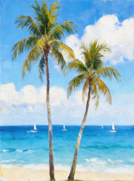 Original Seascape Paintings, Blue Sea and Coconut Trees, Hand Painted Canvas Art, Small Canvas Artwork, Original Oil Paintings, Buy Small Paintings Online-LargePaintingArt.com