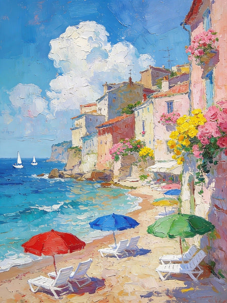 Summer by the Shore, Seashore Beach Painting, Small Landscape Paintings, Impasto Paintings, Small Paintings on Canvas, Palette Knife Wall Art, Original Small Paintings on Canvas-LargePaintingArt.com