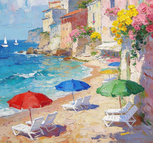 Summer by the Shore, Seashore Beach Painting, Small Landscape Paintings, Impasto Paintings, Small Paintings on Canvas, Palette Knife Wall Art, Original Small Paintings on Canvas-LargePaintingArt.com