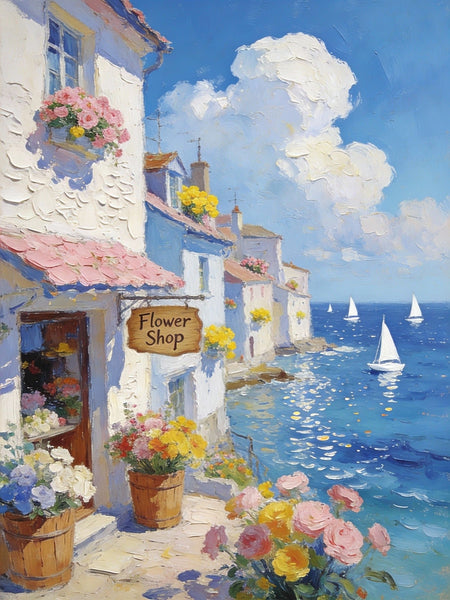 Original Small Paintings, Seaside Flower Shop in Summer, Impasto Paintings, Small Oil Paintings, Small Wall Art Paintings, Landscape Canvas Paintings-LargePaintingArt.com