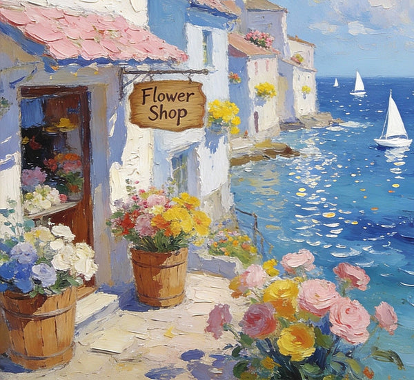 Original Small Paintings, Seaside Flower Shop in Summer, Impasto Paintings, Small Oil Paintings, Small Wall Art Paintings, Landscape Canvas Paintings-LargePaintingArt.com