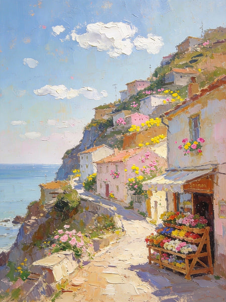 Sunlit Cliffside Town, Flowers, Houses, and Ocean Views, Original Artwork Small Paintings, Hand Painted Canvas Art, On Canvas Small Paintings, Palette Knife Artwork, Landscape Artwork, Canvas Paintings-LargePaintingArt.com