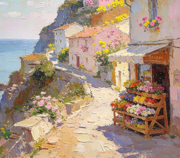 Sunlit Cliffside Town, Flowers, Houses, and Ocean Views, Original Artwork Small Paintings, Hand Painted Canvas Art, On Canvas Small Paintings, Palette Knife Artwork, Landscape Artwork, Canvas Paintings-LargePaintingArt.com