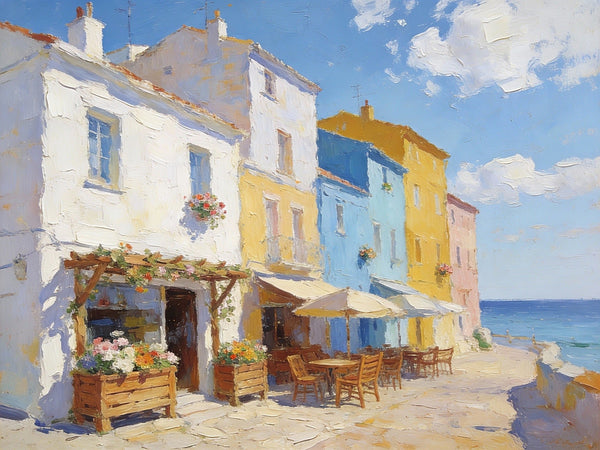 On Canvas Small Paintings, European Street Cafe, Colorful Buildings by the Sea, Simple Painting Ideas, Hand Painted Wall Art, Small Wall Paintings, Landscape Canvas Paintings-LargePaintingArt.com