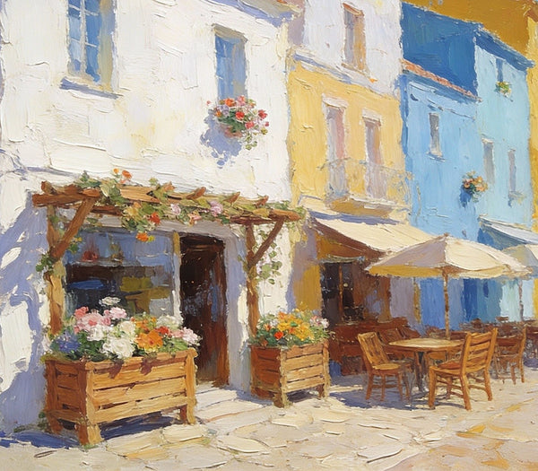 On Canvas Small Paintings, European Street Cafe, Colorful Buildings by the Sea, Simple Painting Ideas, Hand Painted Wall Art, Small Wall Paintings, Landscape Canvas Paintings-LargePaintingArt.com