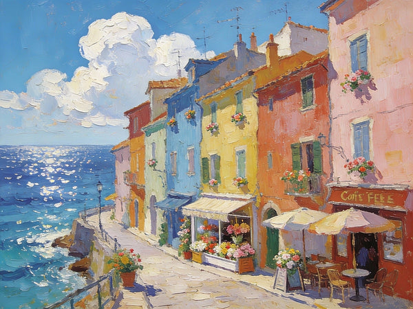 Flower Shop by the Mediterranean, Summer Resort, Hand Painted Canvas Art, Small Landscape Paintings, Original Oil Paintings, Small Wall Art Paintings, Small Paintings on Canvas-LargePaintingArt.com