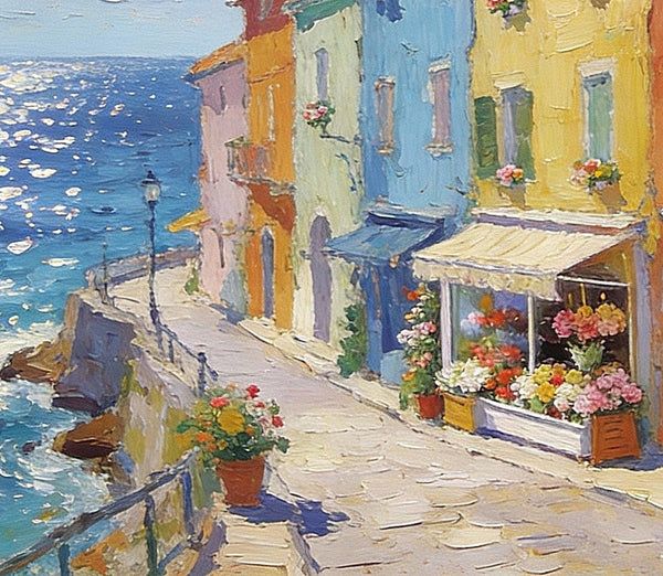 Flower Shop by the Mediterranean, Summer Resort, Hand Painted Canvas Art, Small Landscape Paintings, Original Oil Paintings, Small Wall Art Paintings, Small Paintings on Canvas-LargePaintingArt.com