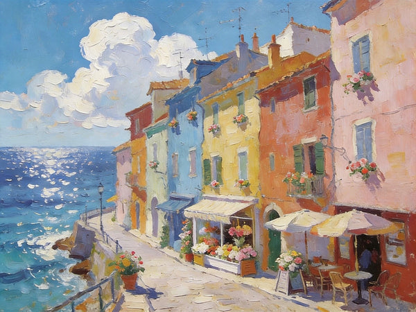 Flower Shop by the Mediterranean, Summer Resort, Hand Painted Canvas Art, Small Landscape Paintings, Original Oil Paintings, Small Wall Art Paintings, Small Paintings on Canvas-LargePaintingArt.com