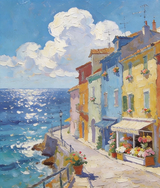 Flower Shop by the Mediterranean, Summer Resort, Hand Painted Canvas Art, Small Landscape Paintings, Original Oil Paintings, Small Wall Art Paintings, Small Paintings on Canvas-LargePaintingArt.com