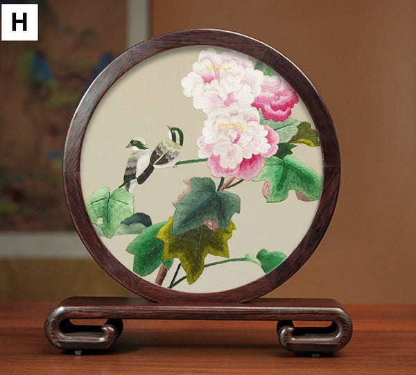 Creative Birthday Gift, Flower and Birds Embroidery Ornaments, Traditional Chinese Suzhou Silk Embroidered Ornament, Premium Souvenir, Exclusive Business Presents-LargePaintingArt.com