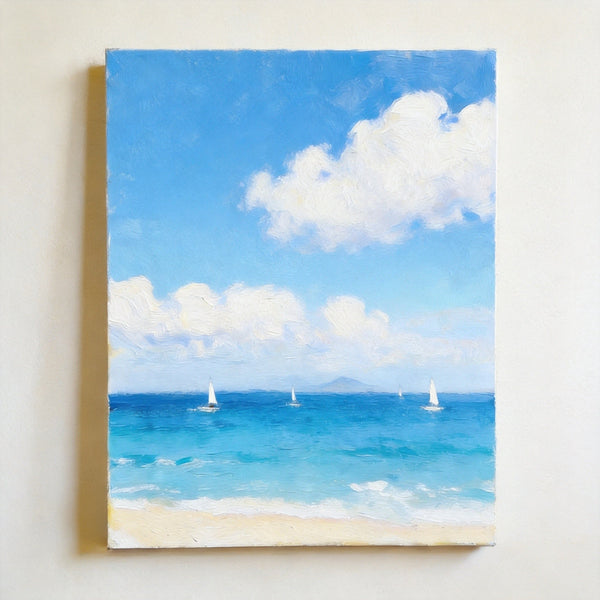 Peaceful Seashore, Sailing Boats at Sea, Hand Painted Canvas Art, Original Landscape Paintings, Small Canvas Wall Art Paintings, Original Oil Paintings, Buy Small Paintings Online-LargePaintingArt.com