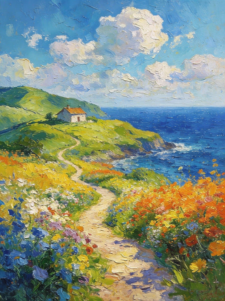 On Canvas Small Paintings, A Cottage by the Azure Sea, Hand Painted Canvas Art, Original Artwork Small Paintings on Wall, Landscape Oil Paintings-LargePaintingArt.com