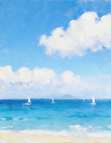 Peaceful Seashore, Sailing Boats at Sea, Hand Painted Canvas Art, Original Landscape Paintings, Small Canvas Wall Art Paintings, Original Oil Paintings, Buy Small Paintings Online-LargePaintingArt.com