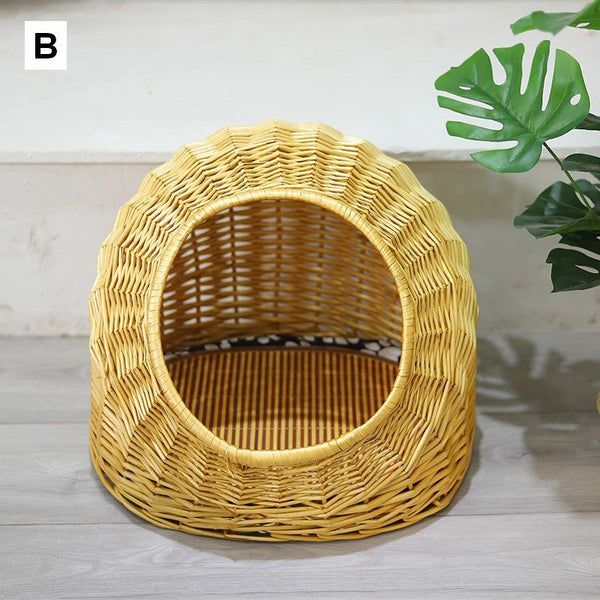 Hand woven Rattan Cat Bed, Natural Wicker Cat House Basket with Washable Cushion for Indoor Cats and Dogs-LargePaintingArt.com