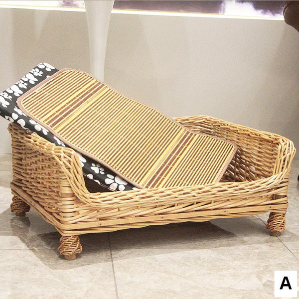Large Natural Wicker Dog Bed with Washable Cushion for Indoor Cats and Dogs, Hand Woven Rattan Cat Beds-LargePaintingArt.com