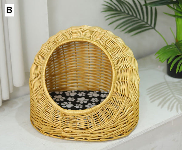 Hand woven Rattan Cat Bed, Natural Wicker Cat House Basket with Washable Cushion for Indoor Cats and Dogs-LargePaintingArt.com
