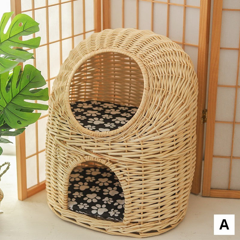 Large Double-Layer Cat Bed, Wicker Cat House Basket with Washable Cushion for Indoor Cats and Dogs-LargePaintingArt.com