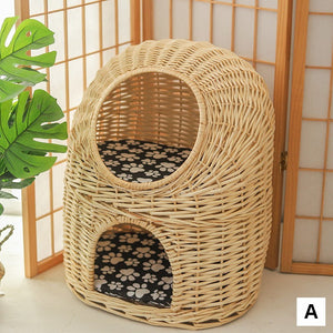 Large Double-Layer Cat Bed, Wicker Cat House Basket with Washable Cushion for Indoor Cats and Dogs-LargePaintingArt.com