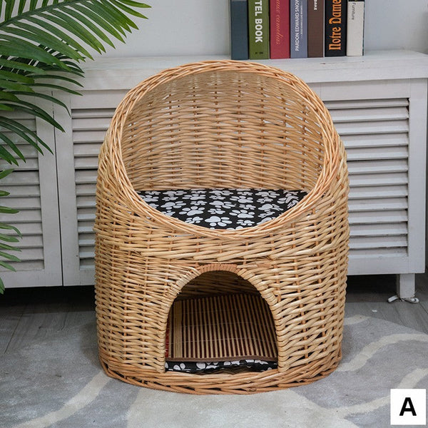 Large Cat House Basket with Washable Cushion for Indoor Cats and Dogs, Double-Layer Cat Bed-LargePaintingArt.com