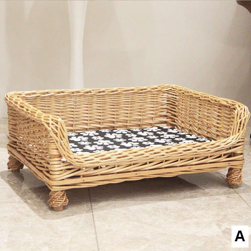 Large Natural Wicker Dog Bed with Washable Cushion for Indoor Cats and Dogs, Hand Woven Rattan Cat Beds-LargePaintingArt.com