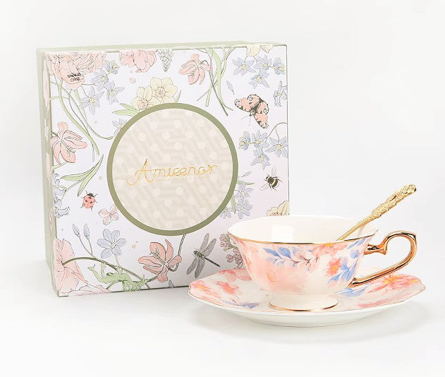 Flower Bone China Porcelain Tea Cup Set, Unique Tea Cup and Saucer in Gift Box,British Royal Ceramic Cups for Afternoon Tea, Elegant Ceramic Coffee Cups-LargePaintingArt.com