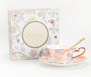 Flower Bone China Porcelain Tea Cup Set, Unique Tea Cup and Saucer in Gift Box,British Royal Ceramic Cups for Afternoon Tea, Elegant Ceramic Coffee Cups-LargePaintingArt.com