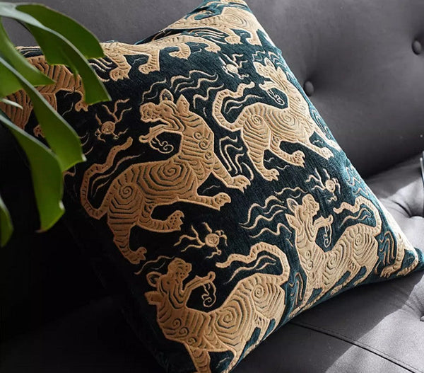 Embroidery Tiger Pattern Pillows for Couch, Contemporary Modern Sofa Pillows, Decorative Throw Pillows for Bedroom, Large Modern Sofa Pillow for Living Room-LargePaintingArt.com