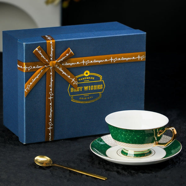 British Ceramic Tea Cup and Saucer Set, Elegant Green Coffee Cups, British Royal Tea Cup and Saucer Set in Gift Box, Porcelain Tea Cup and Saucer Set-LargePaintingArt.com