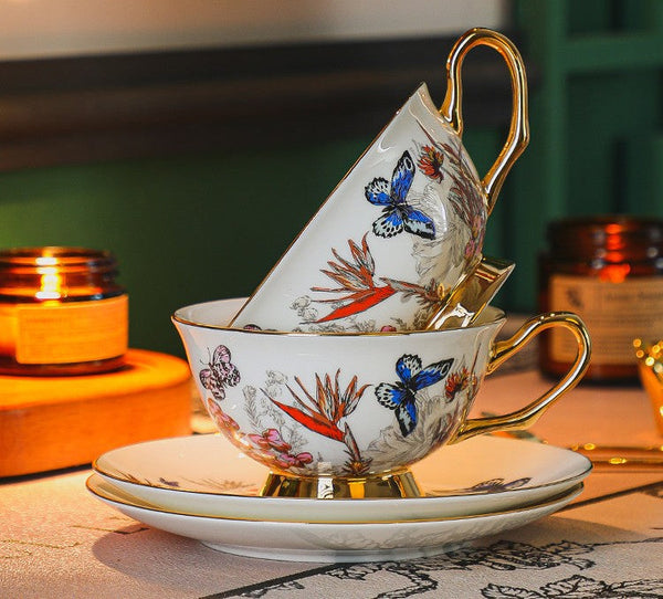 Ceramic Coffee Cups in Gift Box, Butterfly Pattern Porcelain Tea Cup and Saucer Set, British Traditional Afternoon Tea Cup and Saucer Set-LargePaintingArt.com