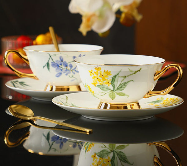 Porcelain Tea Cup Saucer Set, Unique Tea Cup and Saucer in Gift Box, 7.4 oz Floral Ceramic Coffee Cup with Saucer, Beautiful British Tea Cup and Saucer-LargePaintingArt.com
