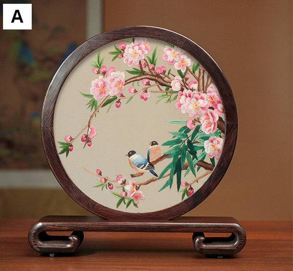 Unique Birthday Gift, Flower and Bird Embroidery Ornaments, Traditional Chinese Suzhou Silk Embroidered Ornament, Premium Souvenir, Exclusive Business Presents-LargePaintingArt.com